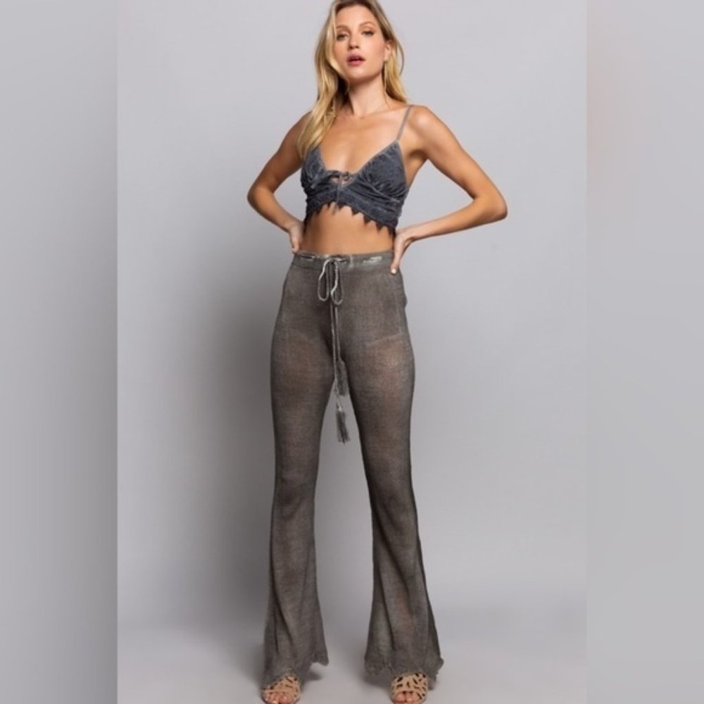 POL | Danni Lounge Lightweight Sweater Pants Boho Coachella Flare Leg Scalloped - Picture 3 of 14